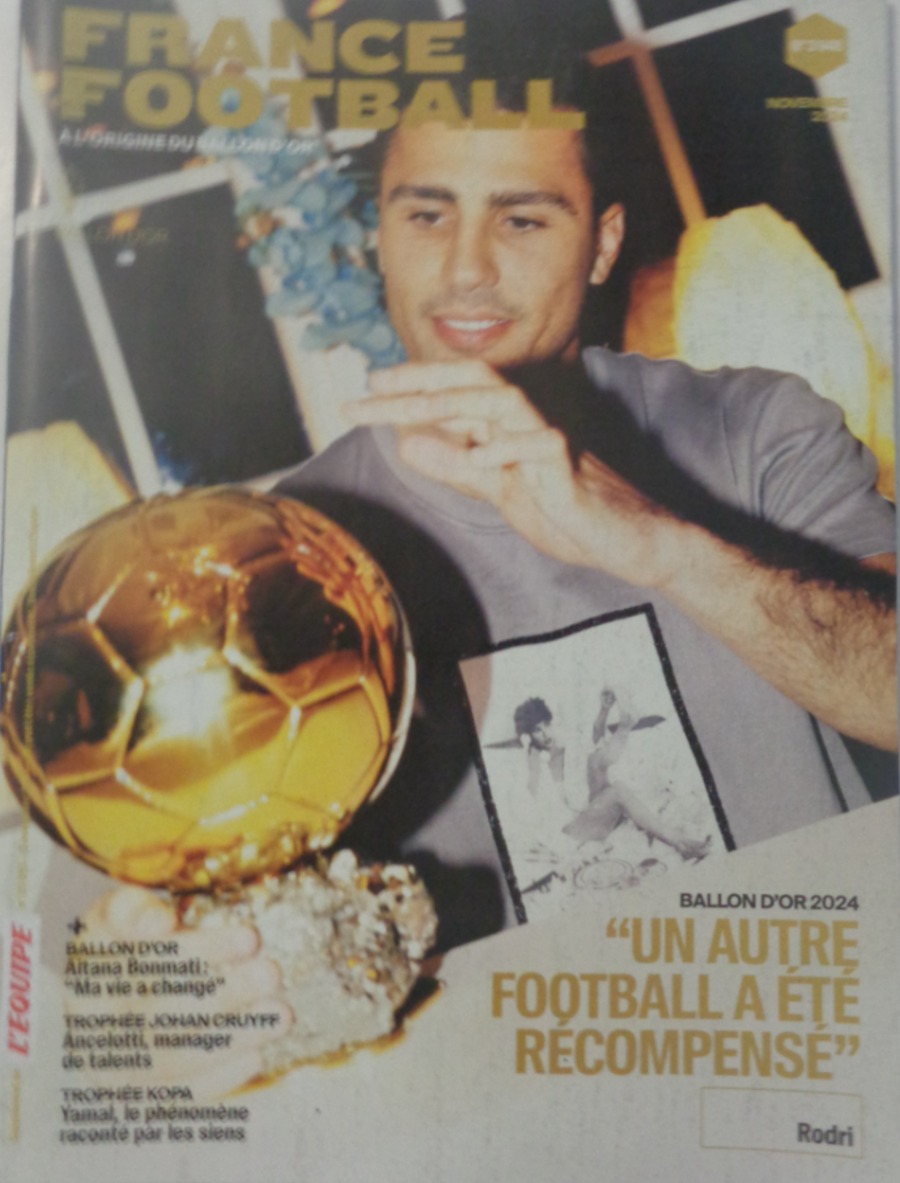 France Football novembre 2024 Rodri - Ballon d'or - Football authentique - Revue Vintage