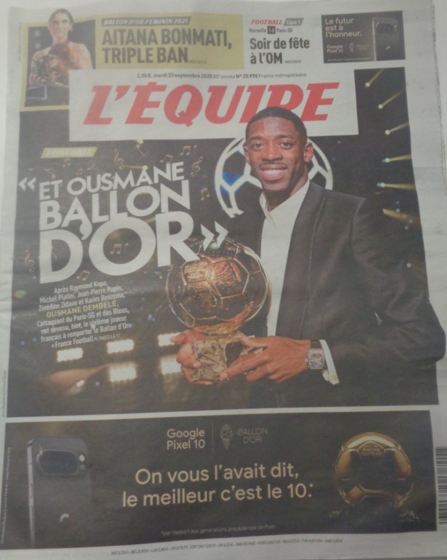 Journal l'équipe 23/09/2025 Ousmane Dembélé Ballon d'or - Journal L'Équipe authentique - Revue Vintage