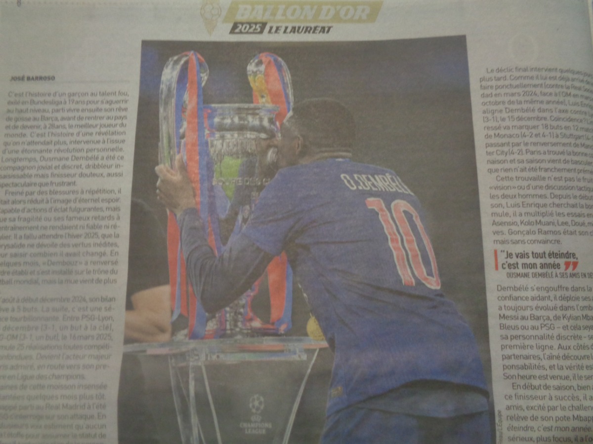 Journal l'équipe 23/09/2025 Ousmane Dembélé Ballon d'or - Vue 3 - Journal L'Équipe