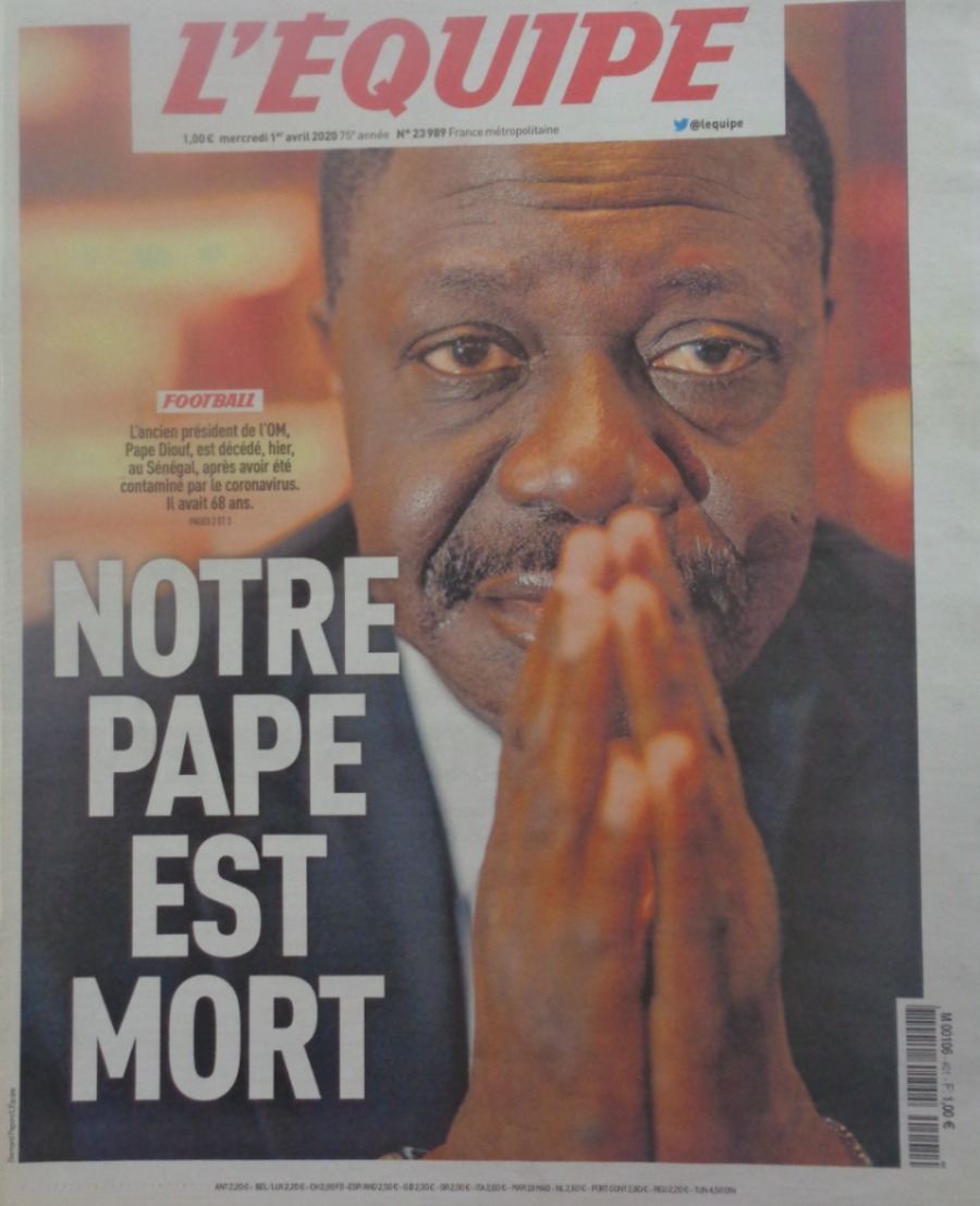 Journal l'équipe 01/04/2020 Notre Pape est mort - Pape Diouf - OM - Marseille - Hommage - Journal L'Équipe authentique - Revue Vintage