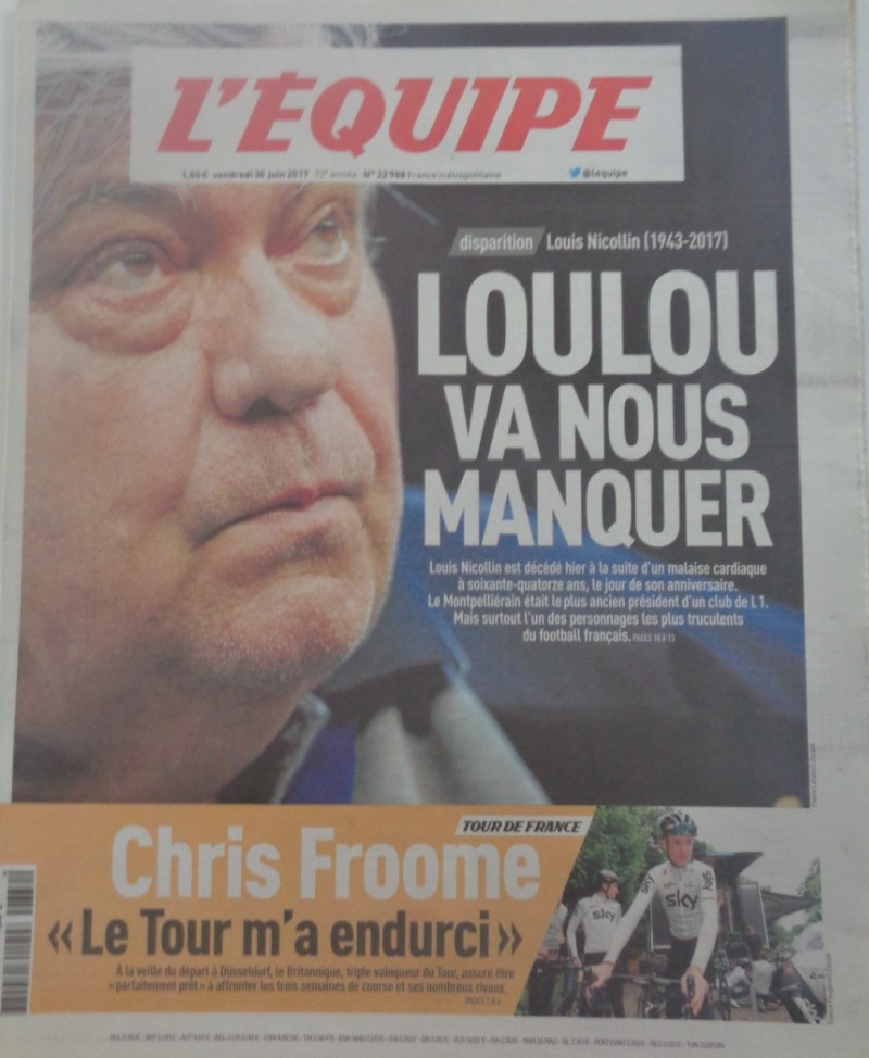 Journal l'équipe 30/06/2017 Louis Nicollin - Loulou va nous manquer - Montpellier - Hommage - Journal L'Équipe authentique - Revue Vintage