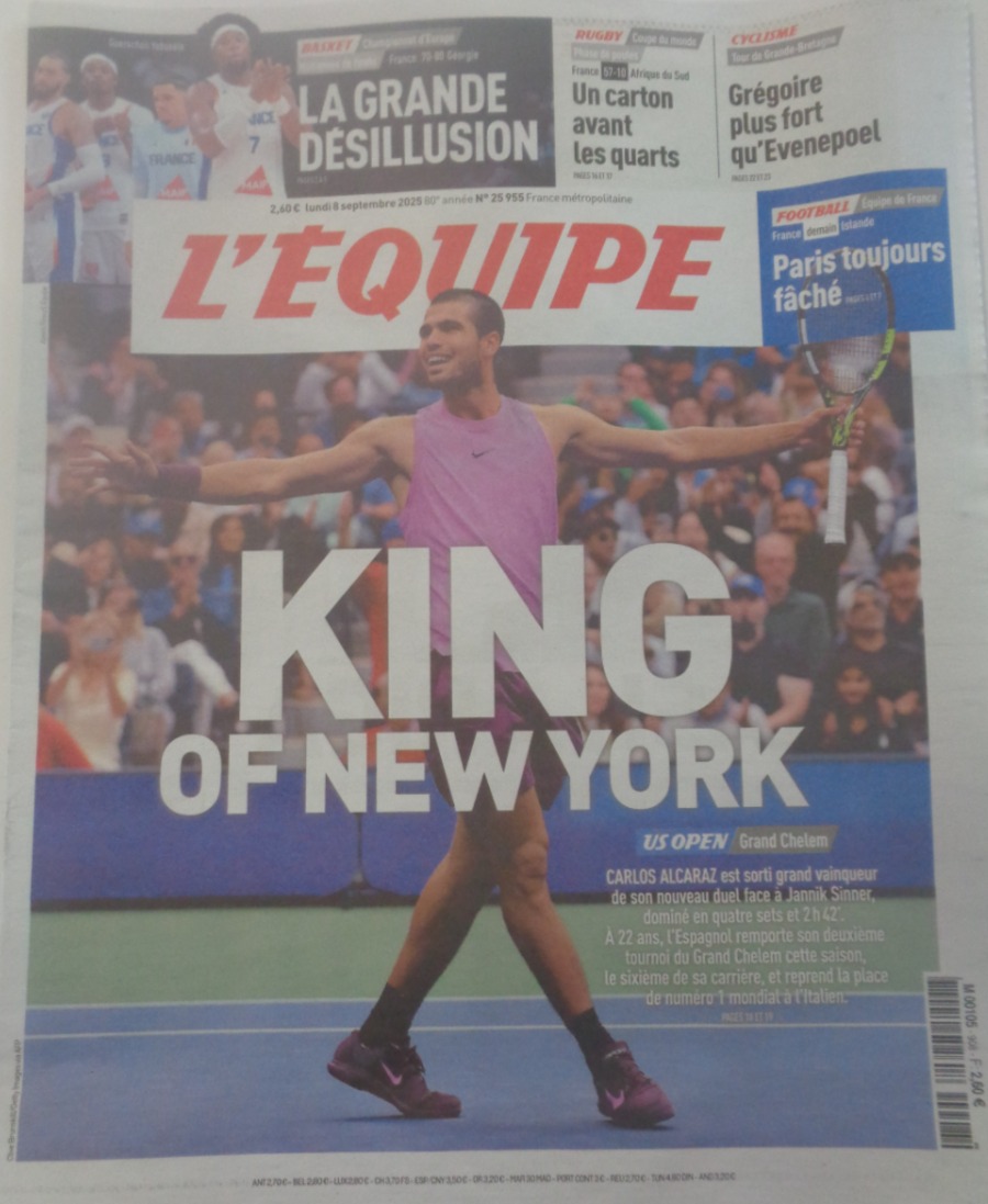 Journal l'équipe 08/09/2025 King of New York - Carlos Alcaraz - US Open Tennis - Journal L'Équipe authentique - Revue Vintage