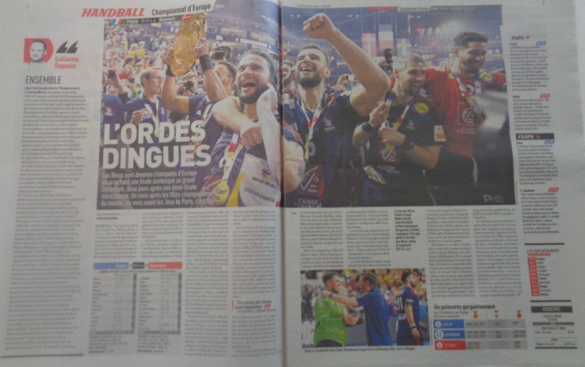 Journal l'équipe 29/01/2024 Encore et encore - France / Danemark - Finale championnat d'Europe - Handball - Vue 2 - Journal L'Équipe