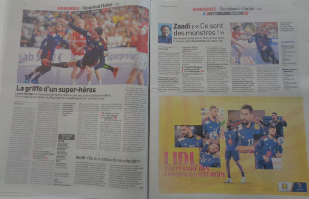 Journal l'équipe 29/01/2024 Encore et encore - France / Danemark - Finale championnat d'Europe - Handball - Vue 3 - Journal L'Équipe