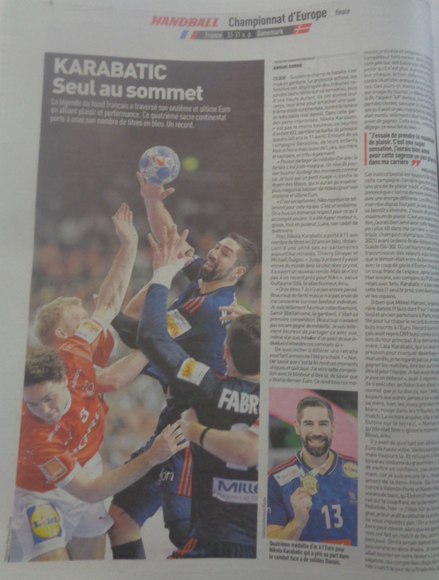 Journal l'équipe 29/01/2024 Encore et encore - France / Danemark - Finale championnat d'Europe - Handball - Vue 4 - Journal L'Équipe