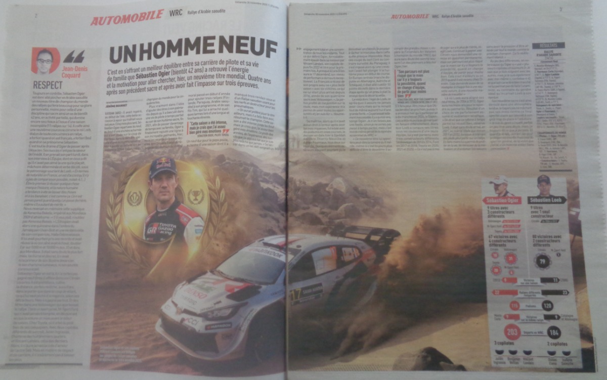 Journal l'équipe 30/11/2025 Génial Ogier - WRC - rallye d'Arabie Saoudite - Vue 2 - Journal L'Équipe
