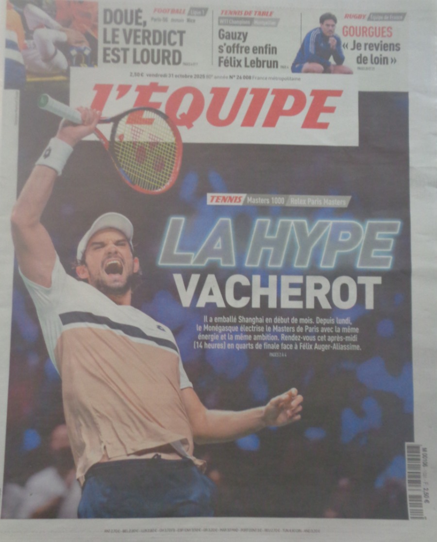 Journal l'équipe 31/10/2025 La Hype Vacherot - Masters de Paris Tennis - Journal L'Équipe authentique - Revue Vintage