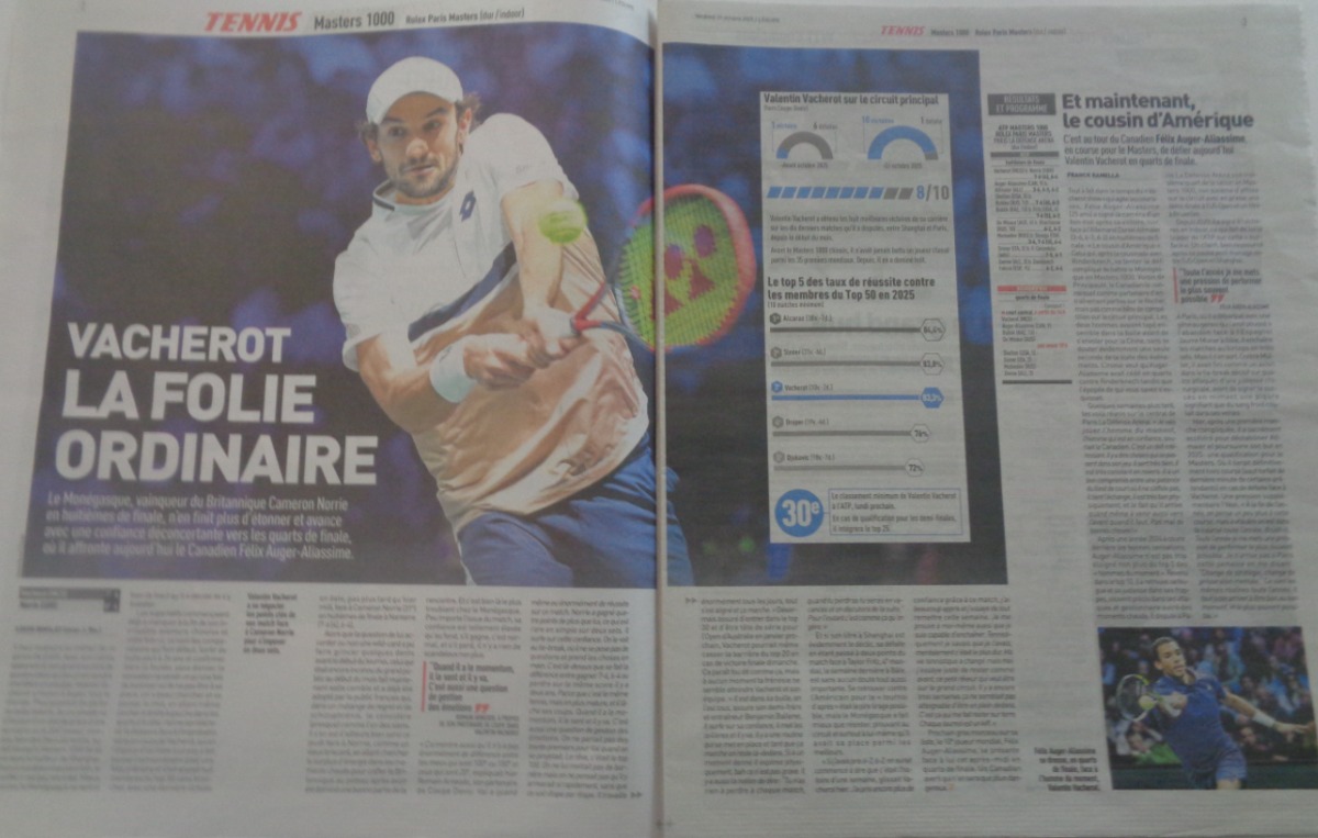 Journal l'équipe 31/10/2025 La Hype Vacherot - Masters de Paris Tennis - Vue 2 - Journal L'Équipe