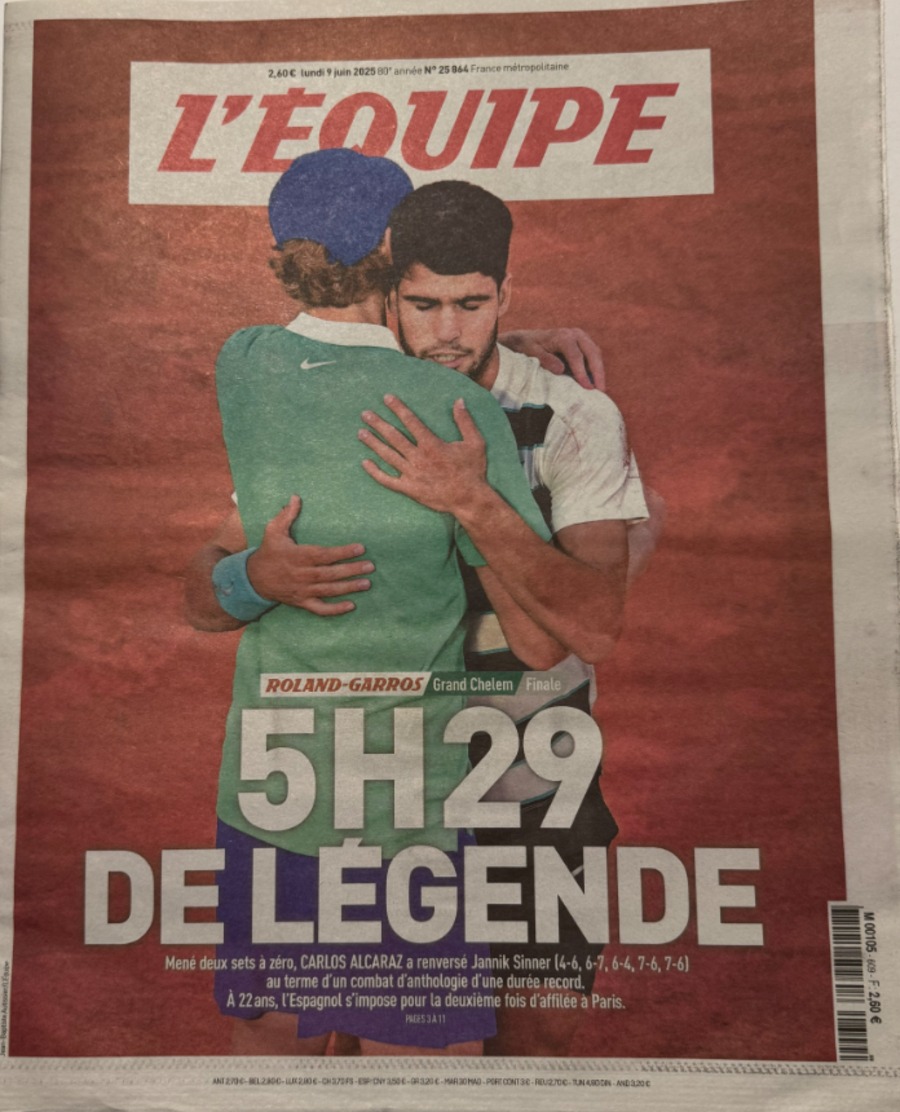 Journal L'Equipe 09/06/2025 - 5h29 de légende Roland-Garros Grand Chelem Carlos Alcaraz - Tennis - Journal L'Équipe authentique - Revue Vintage