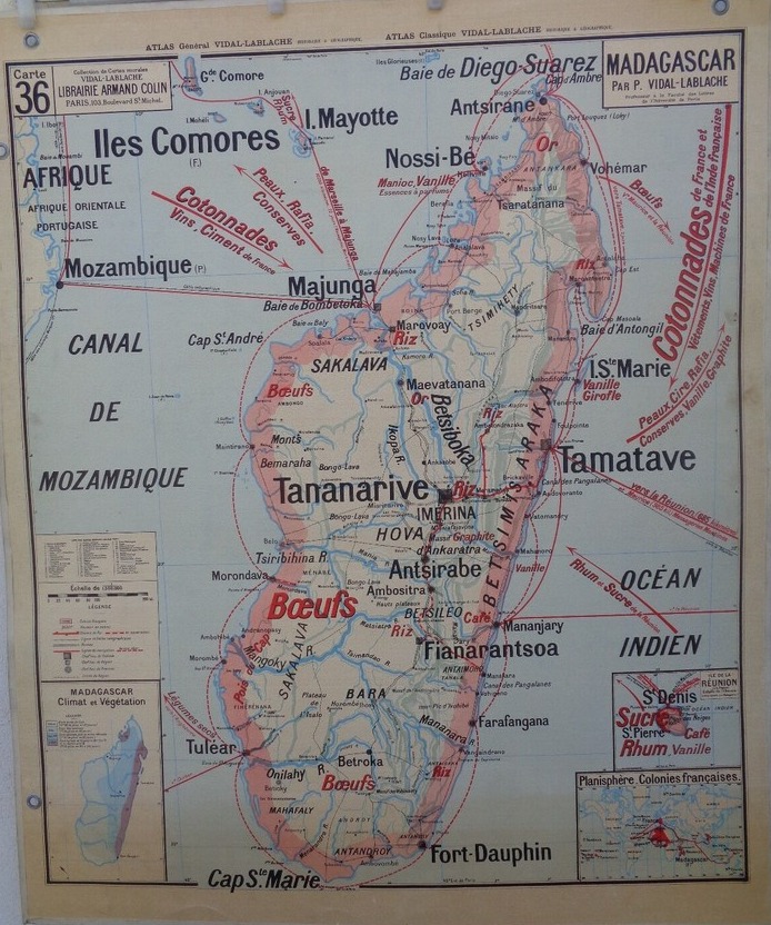 Ancienne carte scolaire -Indochine . Siam .Cambodge . Saigon Madagascar N 36 Armand Colin - Vue 2 - Cartes Scolaires