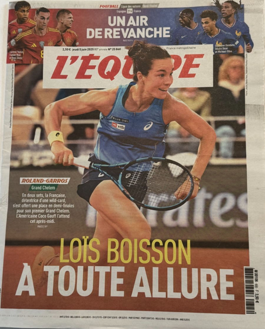 Journal L'Equipe 05/06/2025 Lois Boisson à toute allure - Roland Garros - Tennis - Journal L'Équipe authentique - Revue Vintage
