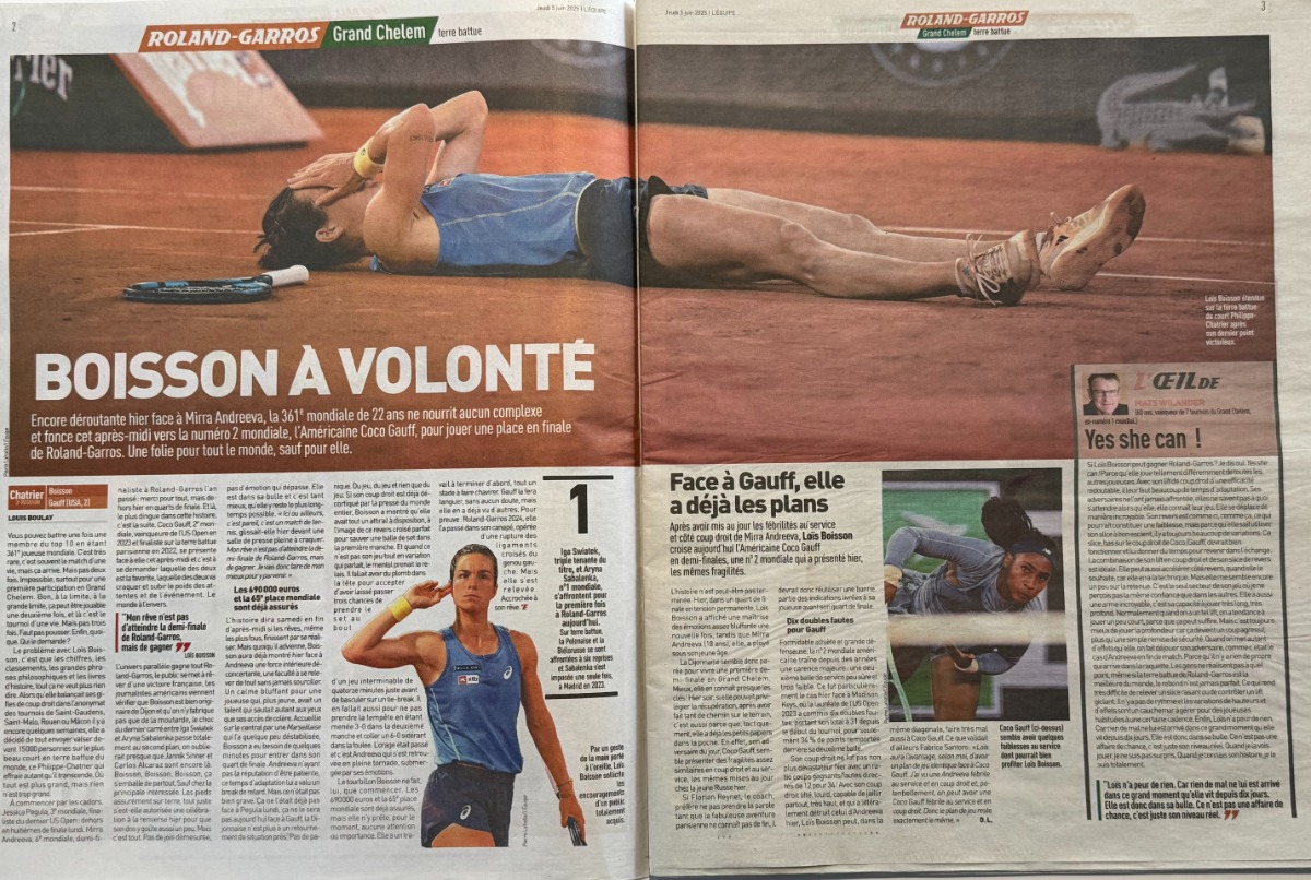 Journal L'Equipe 05/06/2025 Lois Boisson à toute allure - Roland Garros - Tennis - Vue 2 - Journal L'Équipe