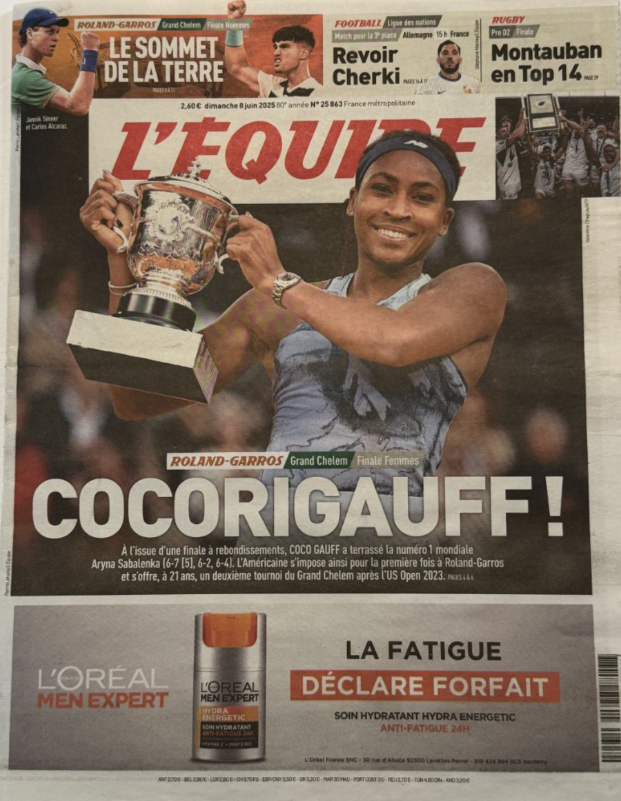 Journal L'Equipe 08/06/2025 COCORIGAUFF - Finale Roland Garros - Tennis - Journal L'Équipe authentique - Revue Vintage