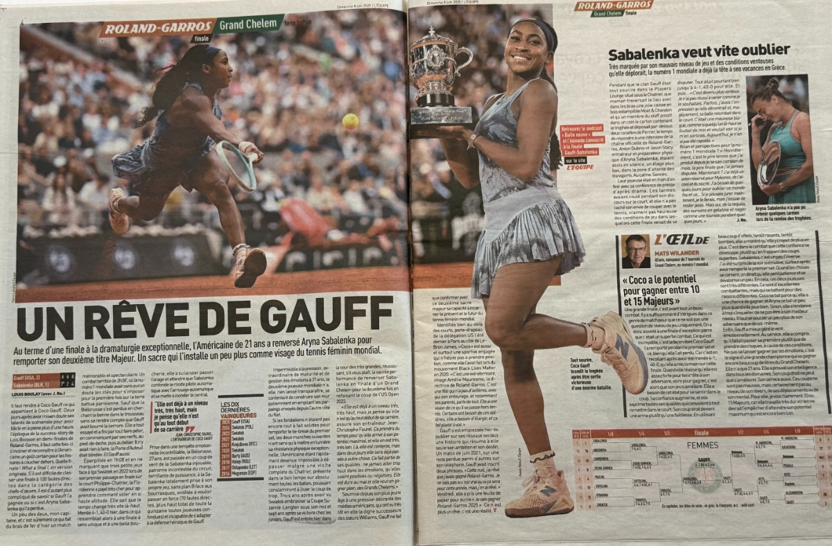 Journal L'Equipe 08/06/2025 COCORIGAUFF - Finale Roland Garros - Tennis - Vue 2 - Journal L'Équipe