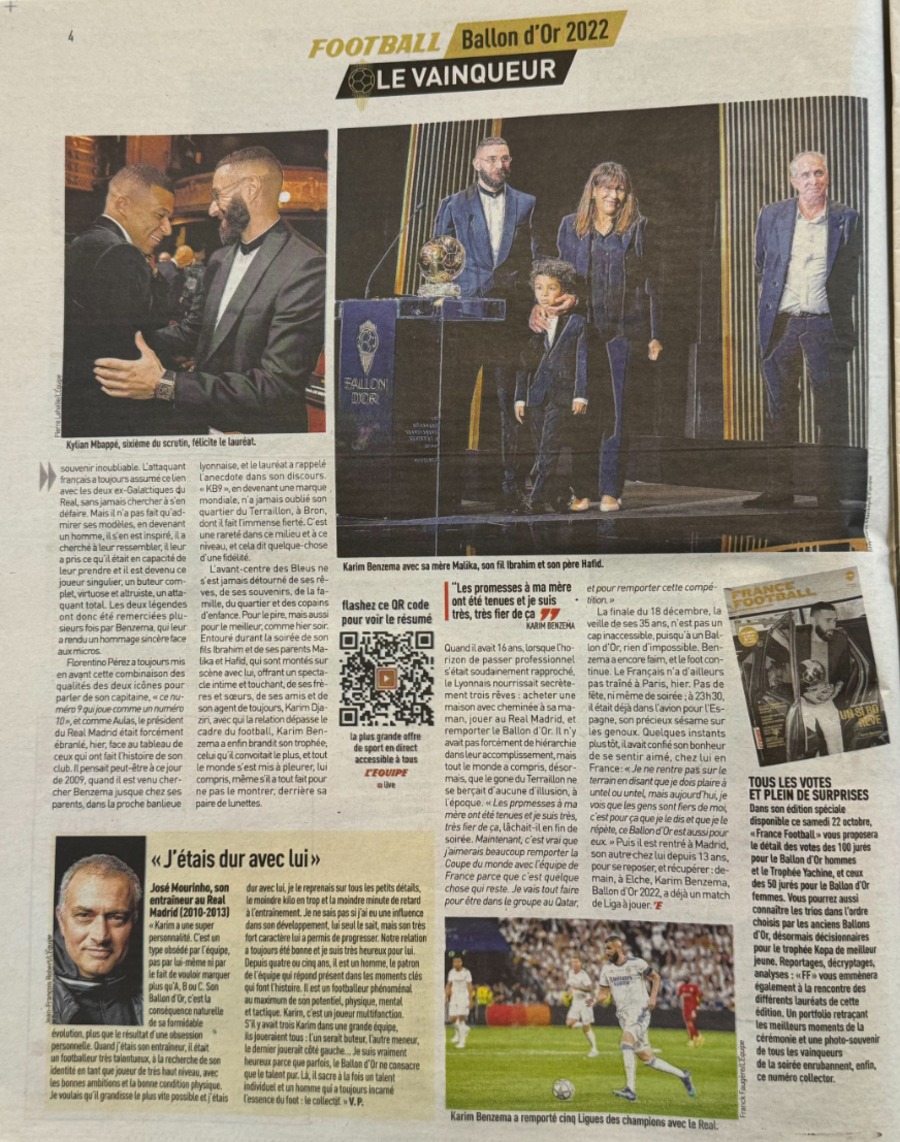 Journal l'équipe 18/10/2022 Karim Benzema Ballon d'or - Vue 2 - Journal L'Équipe