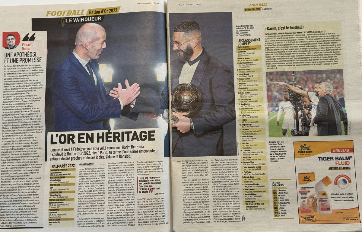 Journal l'équipe 18/10/2022 Karim Benzema Ballon d'or - Vue 3 - Journal L'Équipe