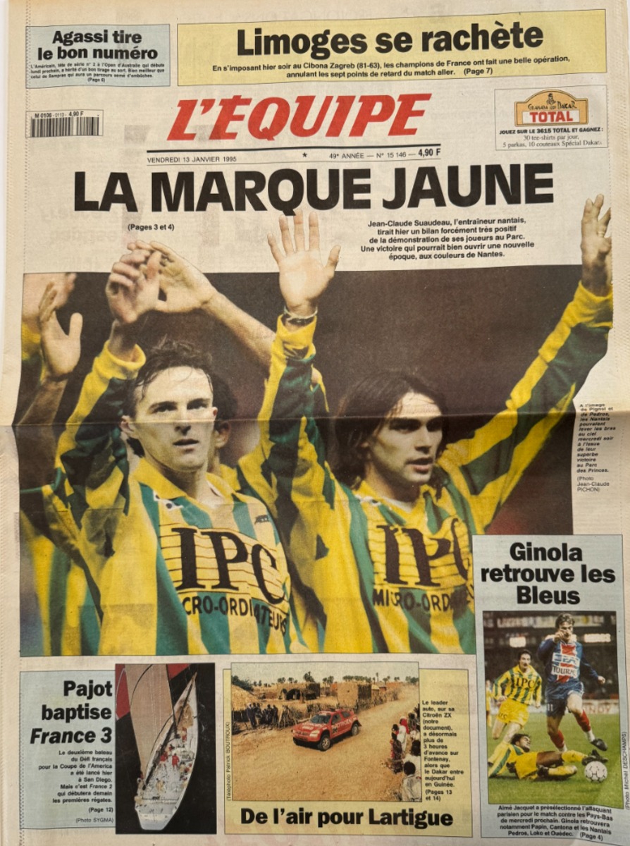 Journal l'équipe 13/01/1995 La marque jaune - Nantes championnats - Football - Journal L'Équipe authentique - Revue Vintage