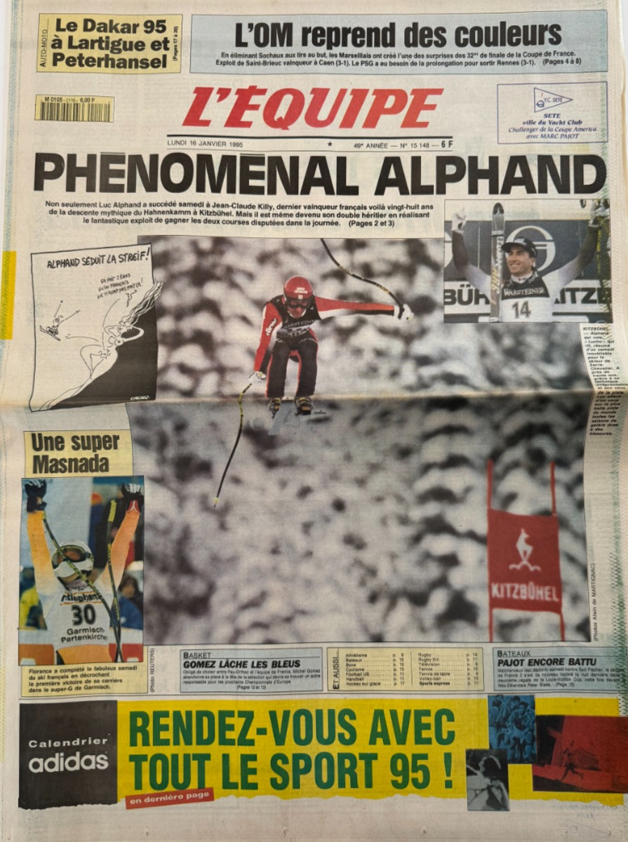 Journal l'équipe 16/01/1995 Phénoménal Luc Alphand - Ski Coupe du Monde 1995 - Journal L'Équipe authentique - Revue Vintage