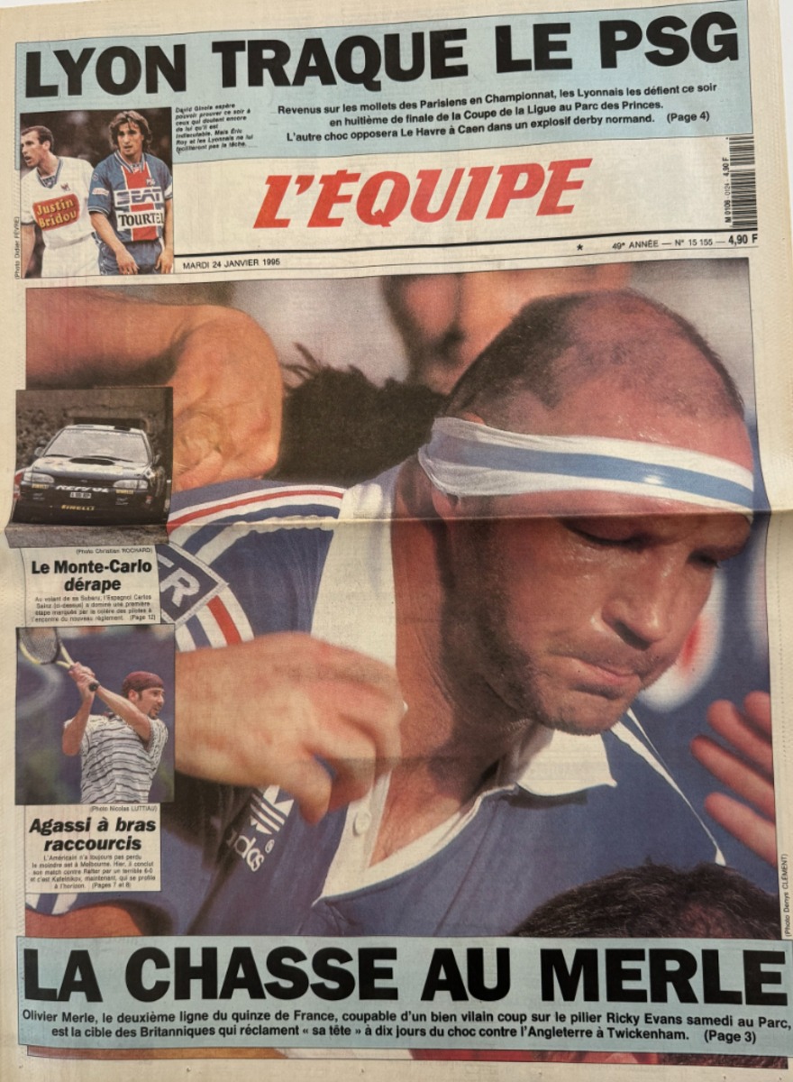 Journal l'équipe 24/01/1995 La chasse au Merle - Rugby XV de France - Tournoi - Journal L'Équipe authentique - Revue Vintage