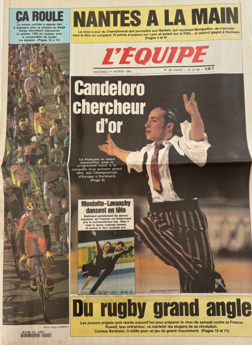 Journal l'équipe 01/02/1995 Candeloro chercheur d'or - Patinage - Journal L'Équipe authentique - Revue Vintage