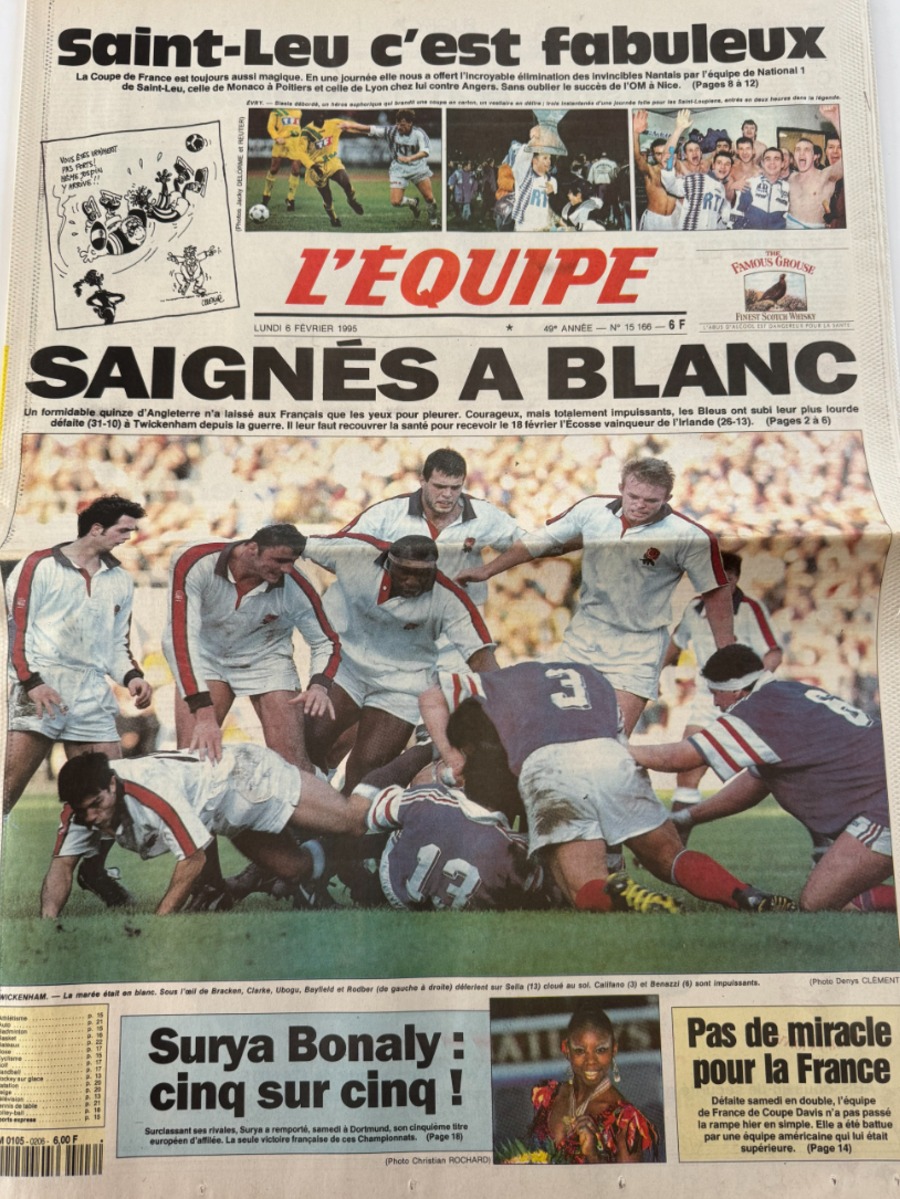 Journal l'équipe 06/02/1995 Saignés a blanc - Angleterre / France - Rugby - Journal L'Équipe authentique - Revue Vintage