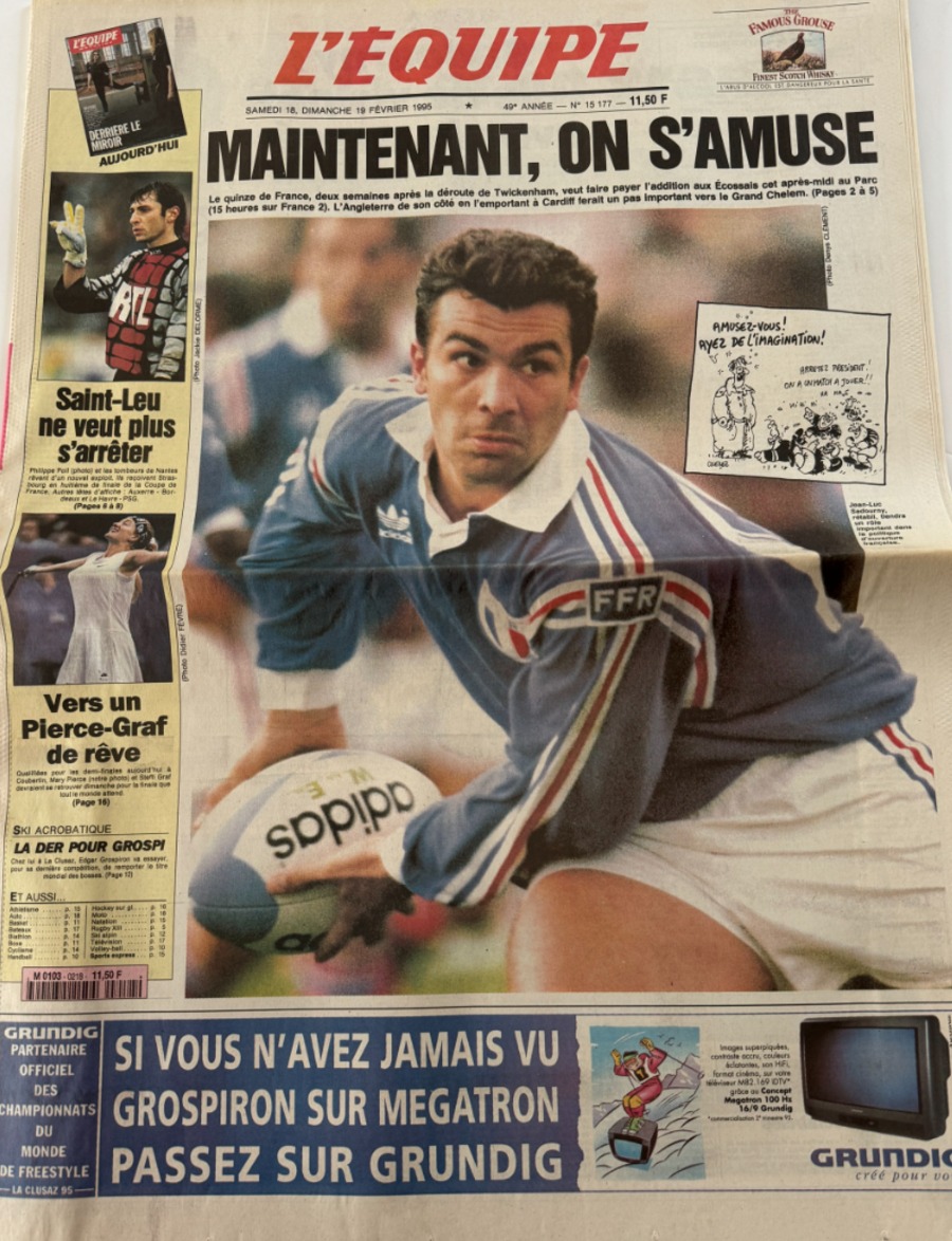 Journal l'équipe 19/02/1995 Maintenant on s'amuse - XV de France - Rugby - Journal L'Équipe authentique - Revue Vintage