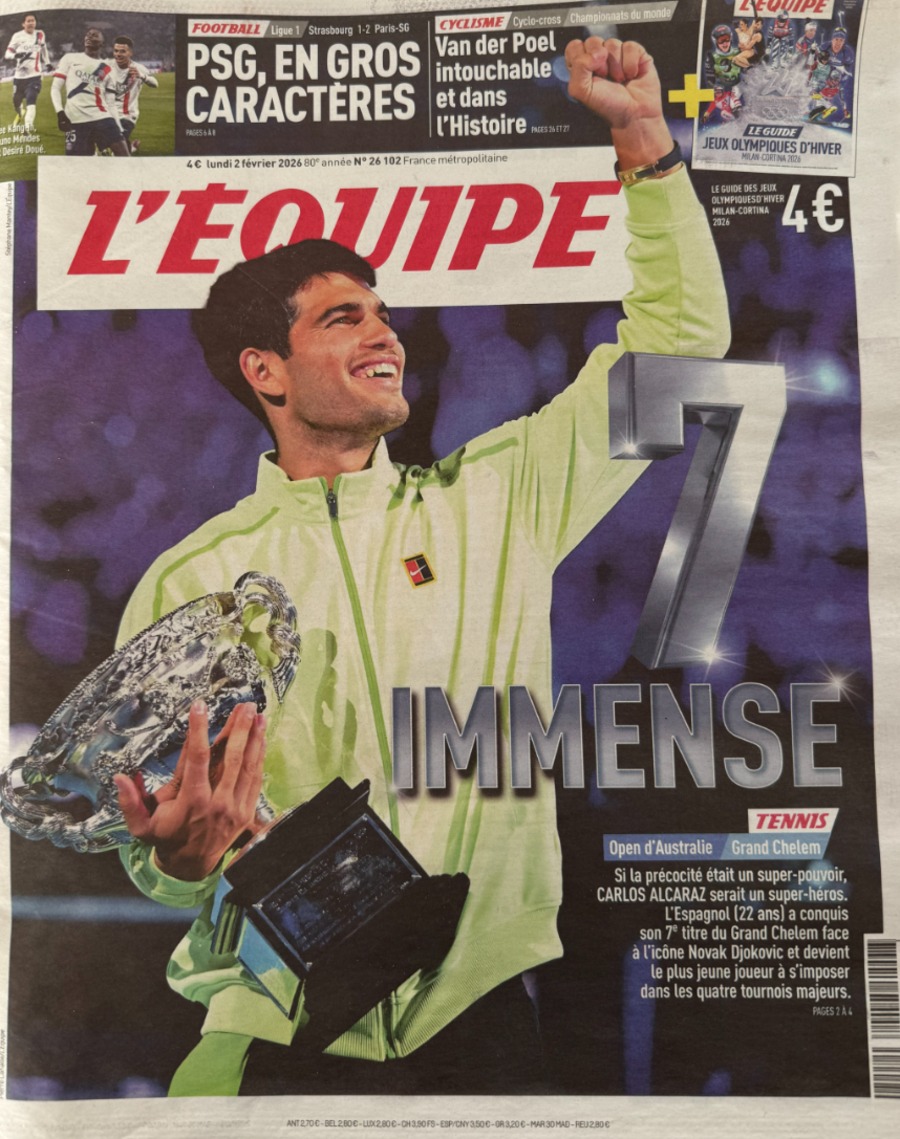 Journal l'équipe 02/02/2025 Carlos Alcaraz 7eme immense titre - Open d'Australie - Tennis - Journal L'Équipe authentique - Revue Vintage
