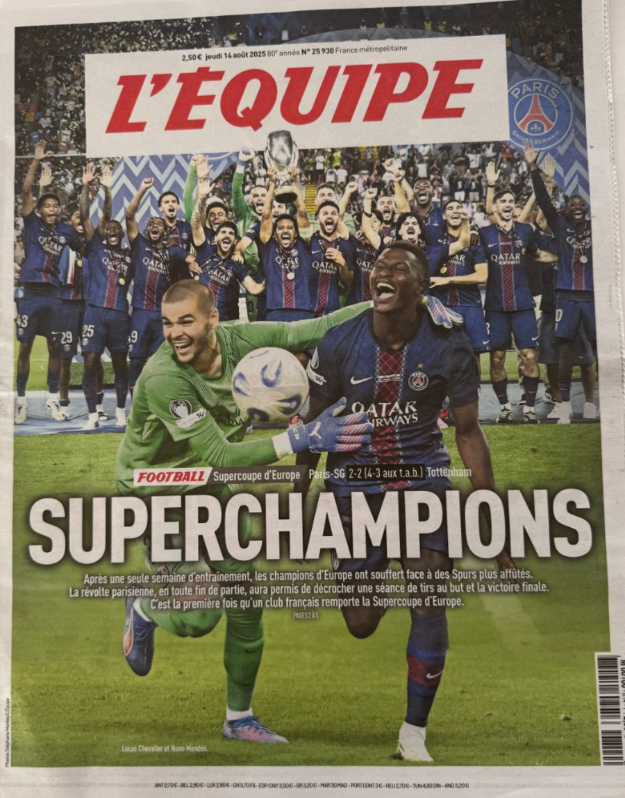 Journal l'équipe 14/08/2025 Collection a compléter - Paris saint Germain / Tottenham - Superchampions - Football - Journal L'Équipe authentique - Revue Vintage
