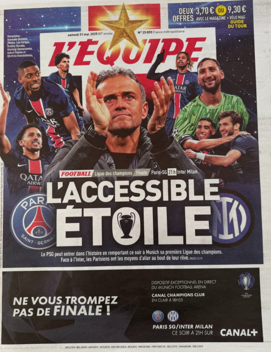 Journal l'équipe 31/05/2025 L'accessible étoile - Paris Saint Germain / Inter Milan - Ligue des champions - Football - Journal L'Équipe authentique - Revue Vintage