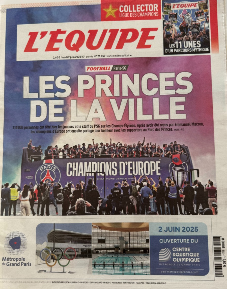 Journal l'équipe 02/06/2025 Les Princes de la ville - Paris Saint Germain / Inter Milan - Ligue des champions - Football - Journal L'Équipe authentique - Revue Vintage