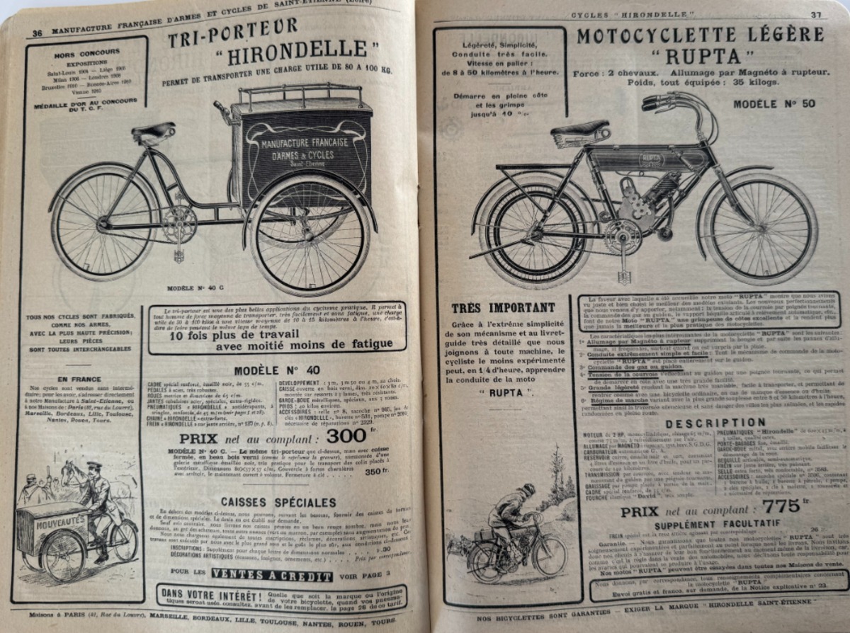 Catalogue Manufrance 1911cycles - Tri porteur hirondelle - Motocylette Rupta - Vue 4 - Vélo