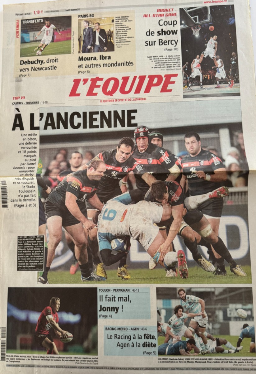 Journal l'équipe 31/12/2012 À l'ancienne !! Castres / Toulouse - Rugby - Journal L'Équipe authentique - Revue Vintage