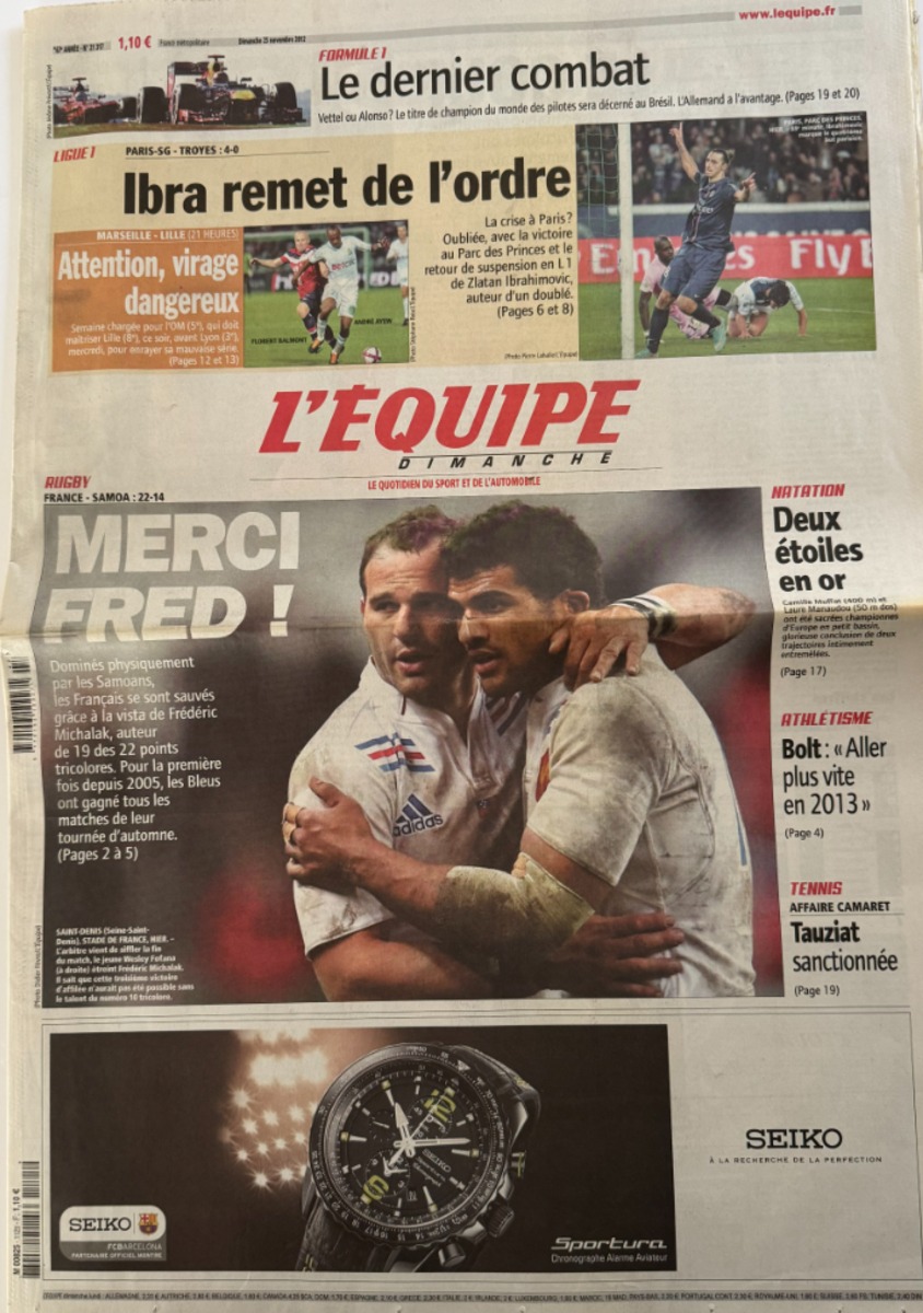 Journal l'équipe 25/11/2012 Merci Fred Michalak - France / Samoa - Rugby - Journal L'Équipe authentique - Revue Vintage