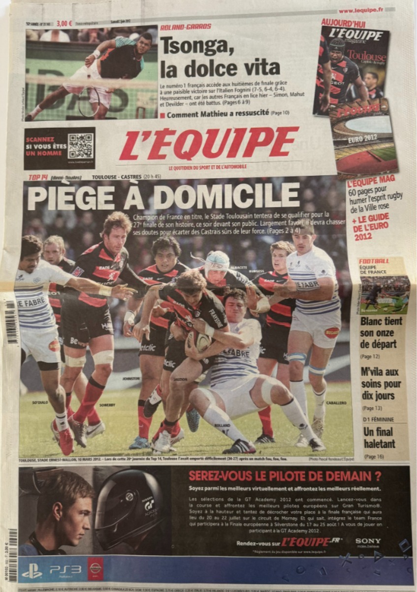Journal l'équipe 02/06/2012 Piège a domicile - Toulouse / Castres Top 14 - Rugby - Journal L'Équipe authentique - Revue Vintage