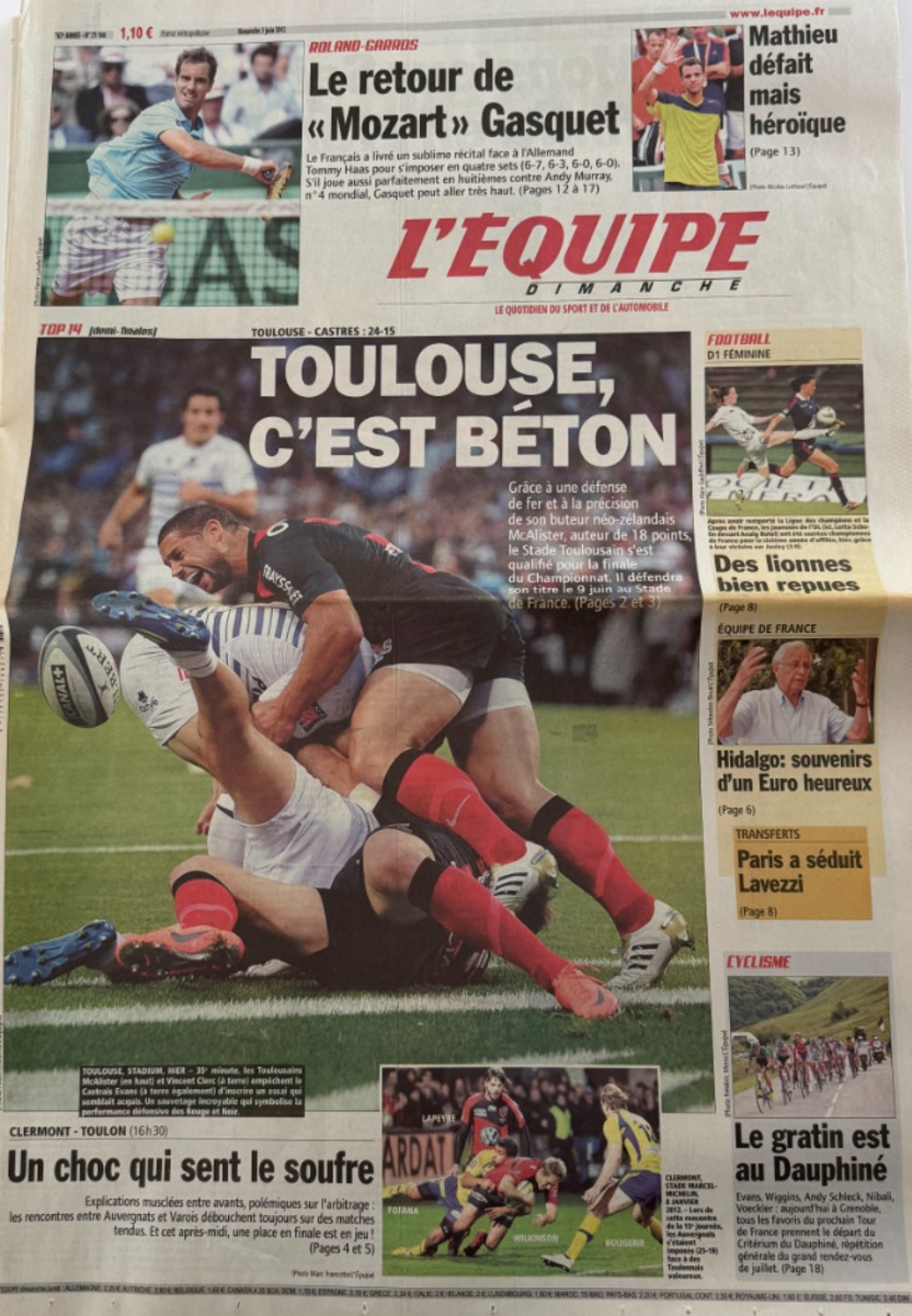 Journal l'équipe 03/06/2012 Top 14 Toulouse / Castres - demi finales - Rugby - Journal L'Équipe authentique - Revue Vintage