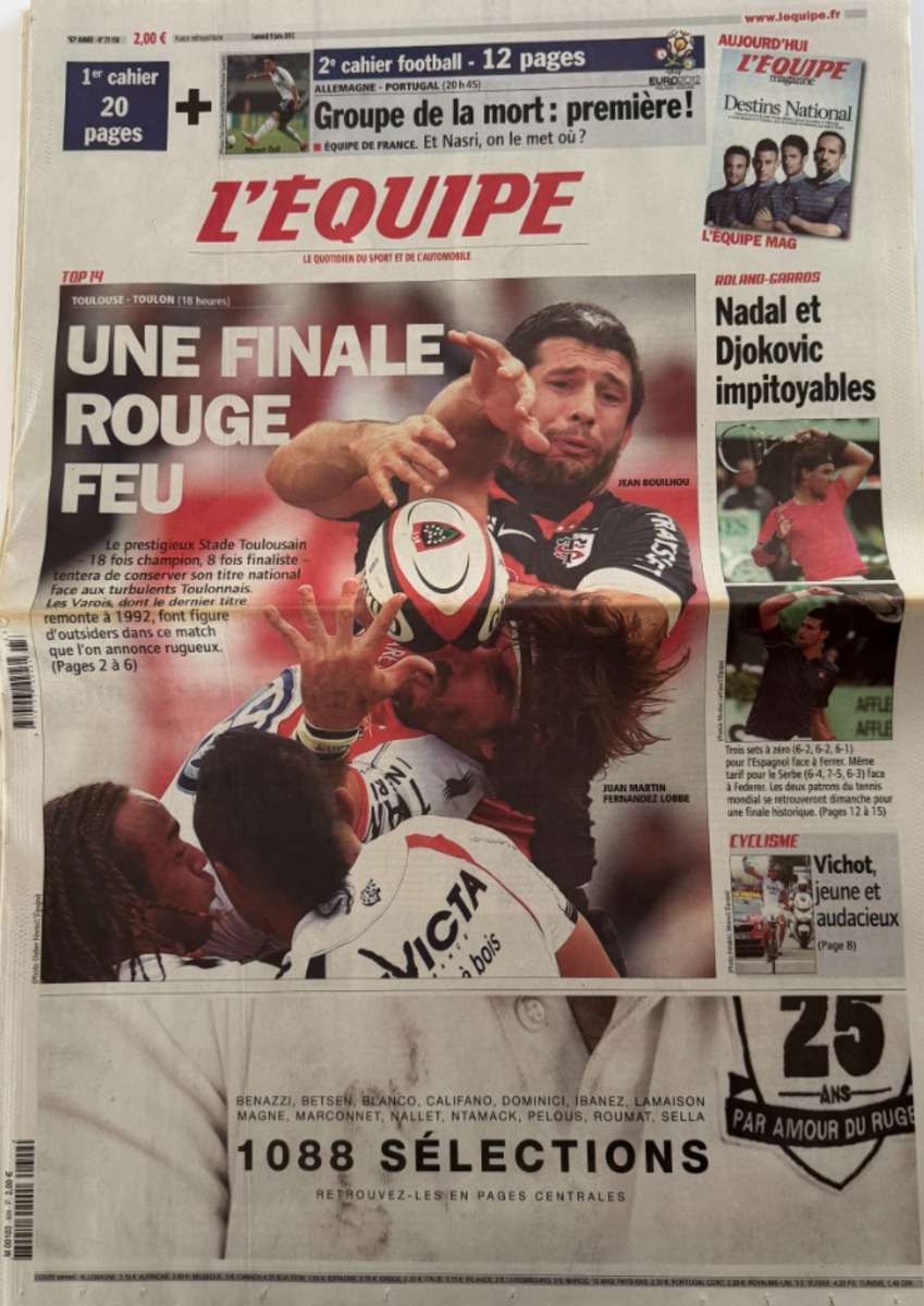 Journal l'équipe 09/06/2012 Une Finale rouge Feu - Toulouse / Toulon - Finale du Top 14 - Rugby - Journal L'Équipe authentique - Revue Vintage