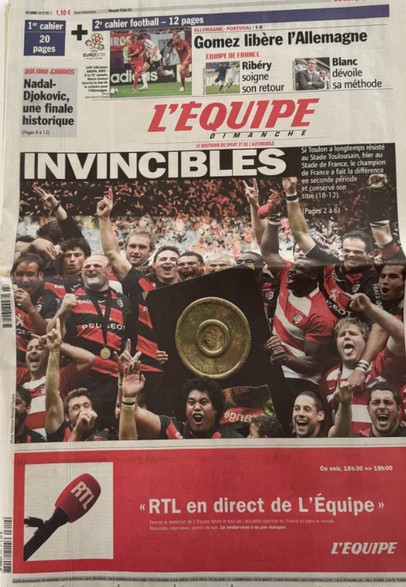 Journal l'équipe 10/06/2012 Une Finale rouge Feu - Toulouse / Toulon - Finale du Top 14 - Rugby - Journal L'Équipe authentique - Revue Vintage