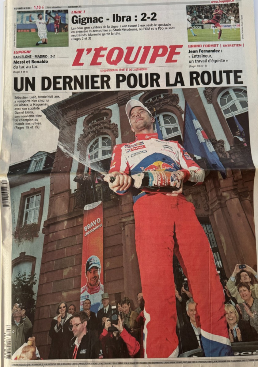 Journal l'équipe 08/10/2012 Un dernier pour la route - Sébastien Loeb 9eme titre de champion du Monde - Rallye - Journal L'Équipe authentique - Revue Vintage