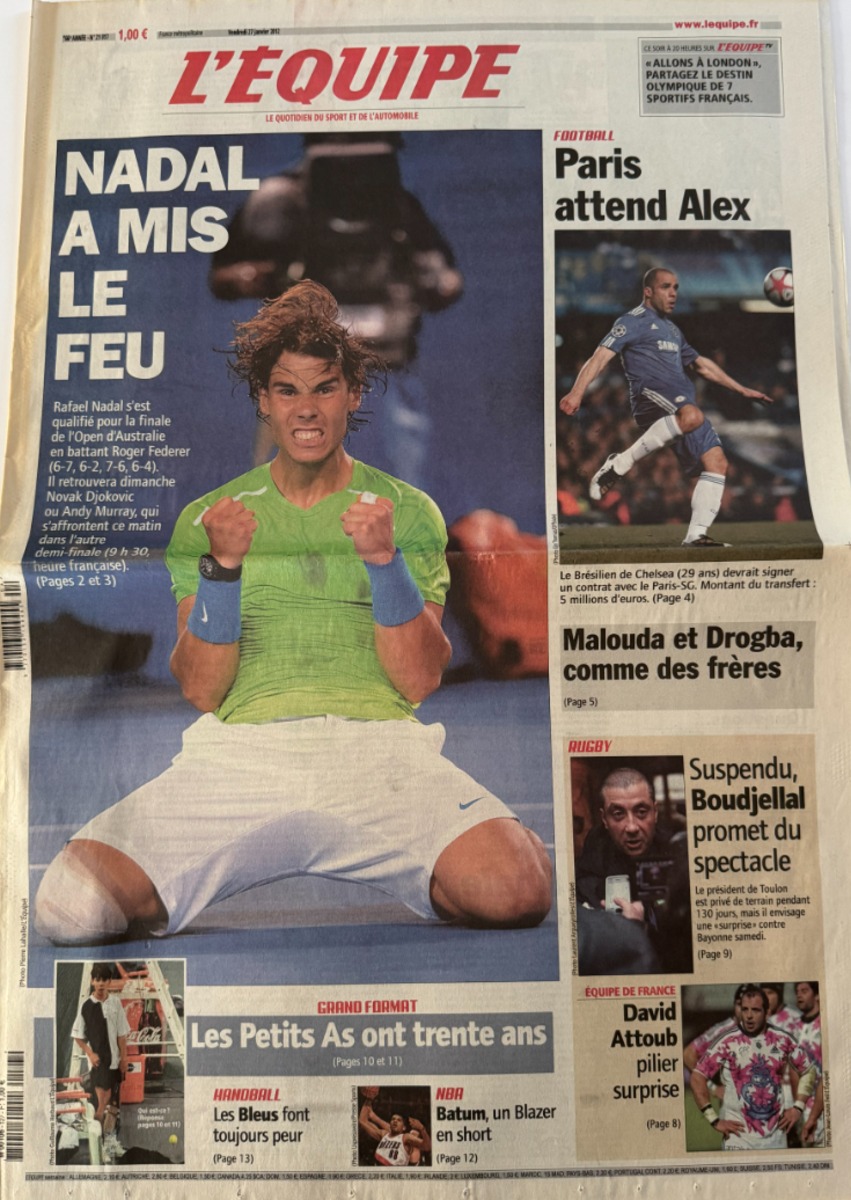 Journal l'équipe 27/01/2012 Nadal a mis le feu - demi Finale de l'Open d'Australie - Tennis - Journal L'Équipe authentique - Revue Vintage