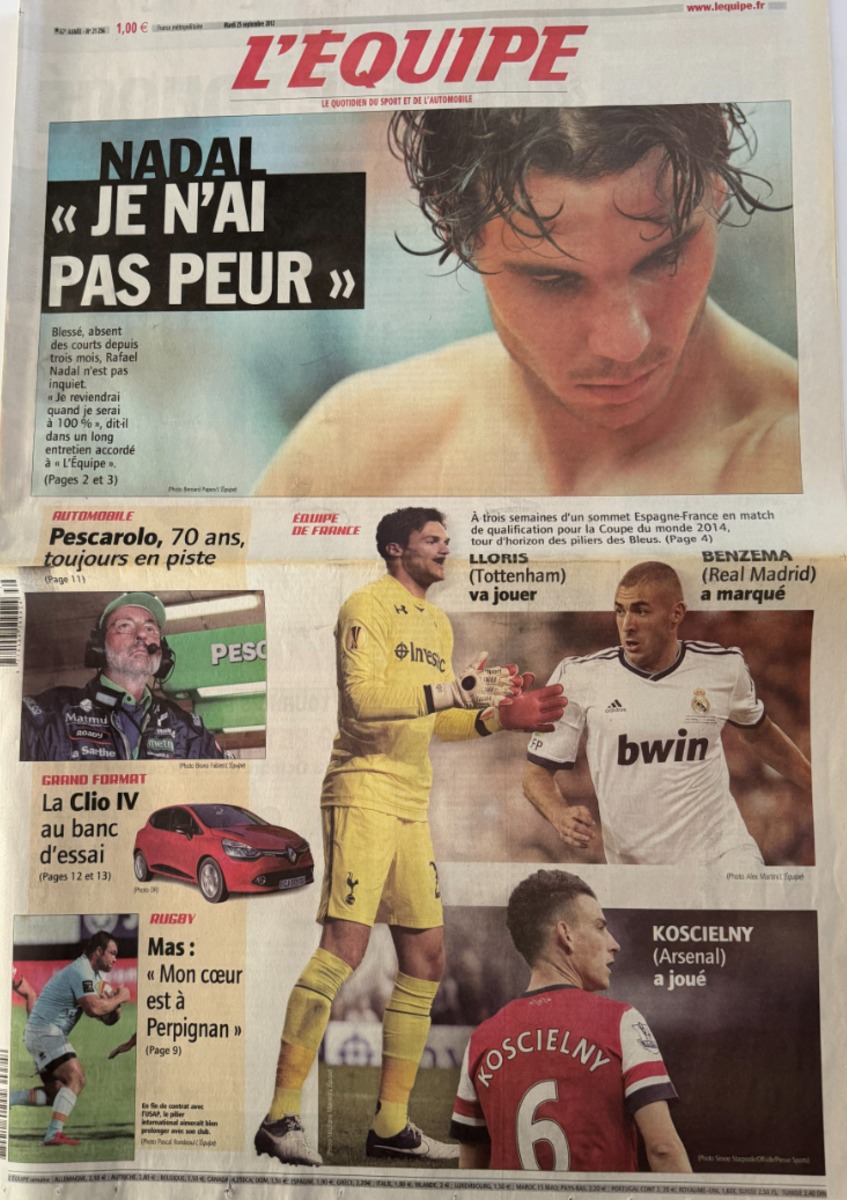 Journal l'équipe 25/09/2012 Nadal je n'ai pas peur - Tennis - Journal L'Équipe authentique - Revue Vintage