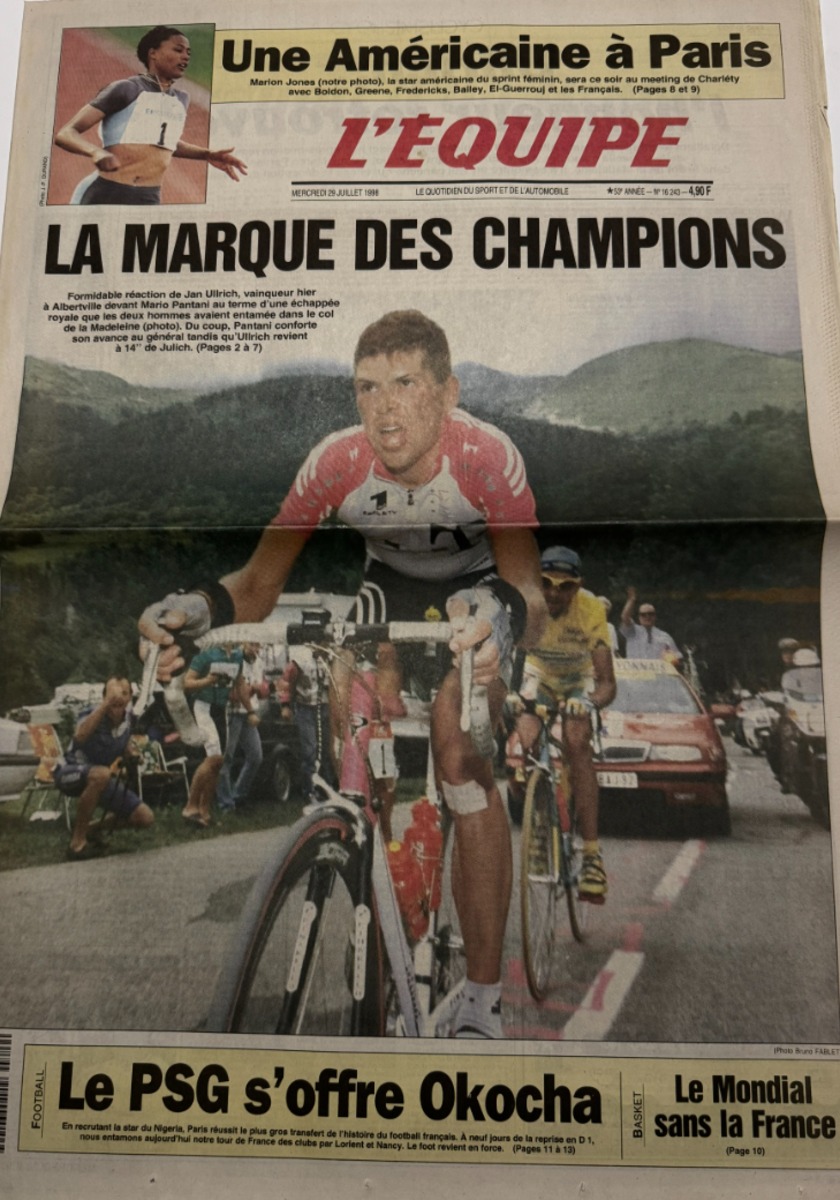 Journal l'équipe 29/07/1998 Jan Ullrich La marque des champions - Tour de France - Journal L'Équipe authentique - Revue Vintage