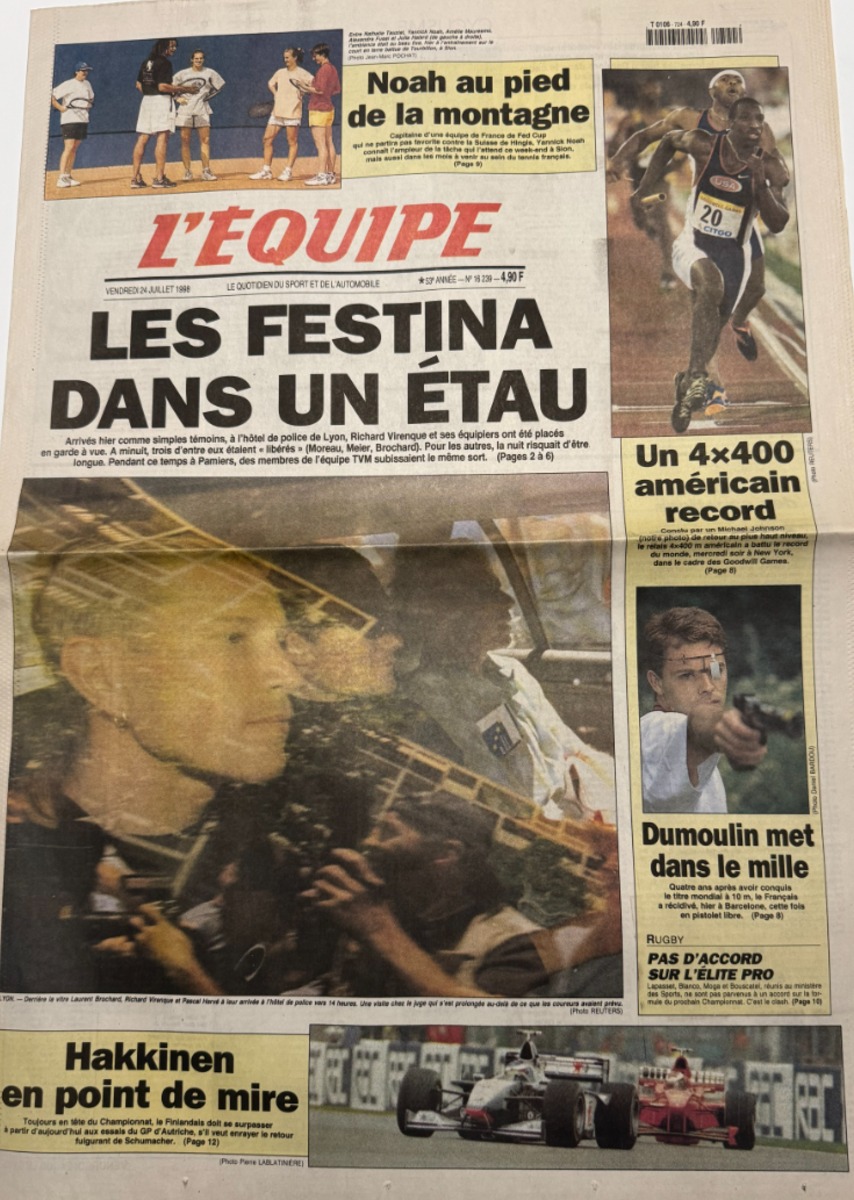 Journal l'équipe 24/07/1998 Les Festina dans un étau - Dopage - Laurent Brochard - Richard Virenque - Tour de France - Journal L'Équipe authentique - Revue Vintage