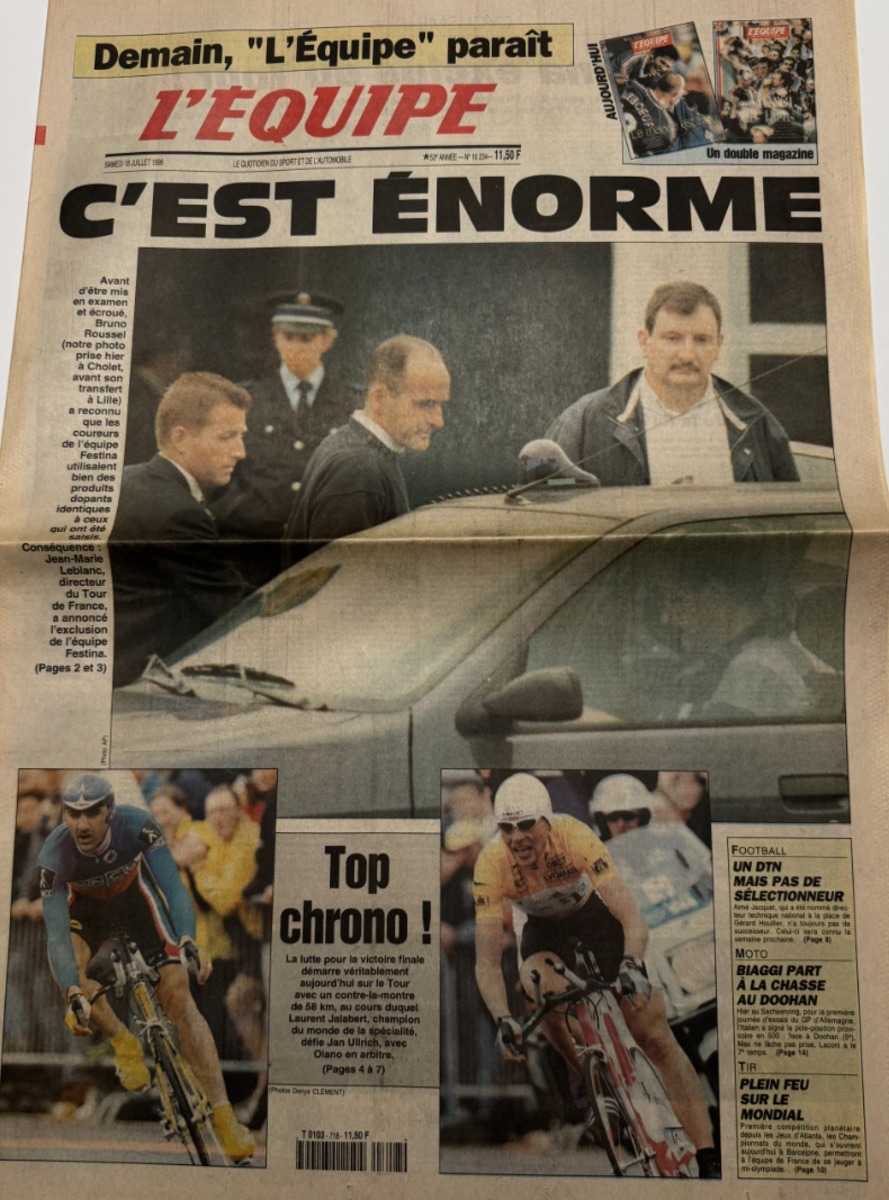 Journal l'équipe 18/07/1998 C'est énorme - Dopage sur le Tour - Tour de France - Journal L'Équipe authentique - Revue Vintage
