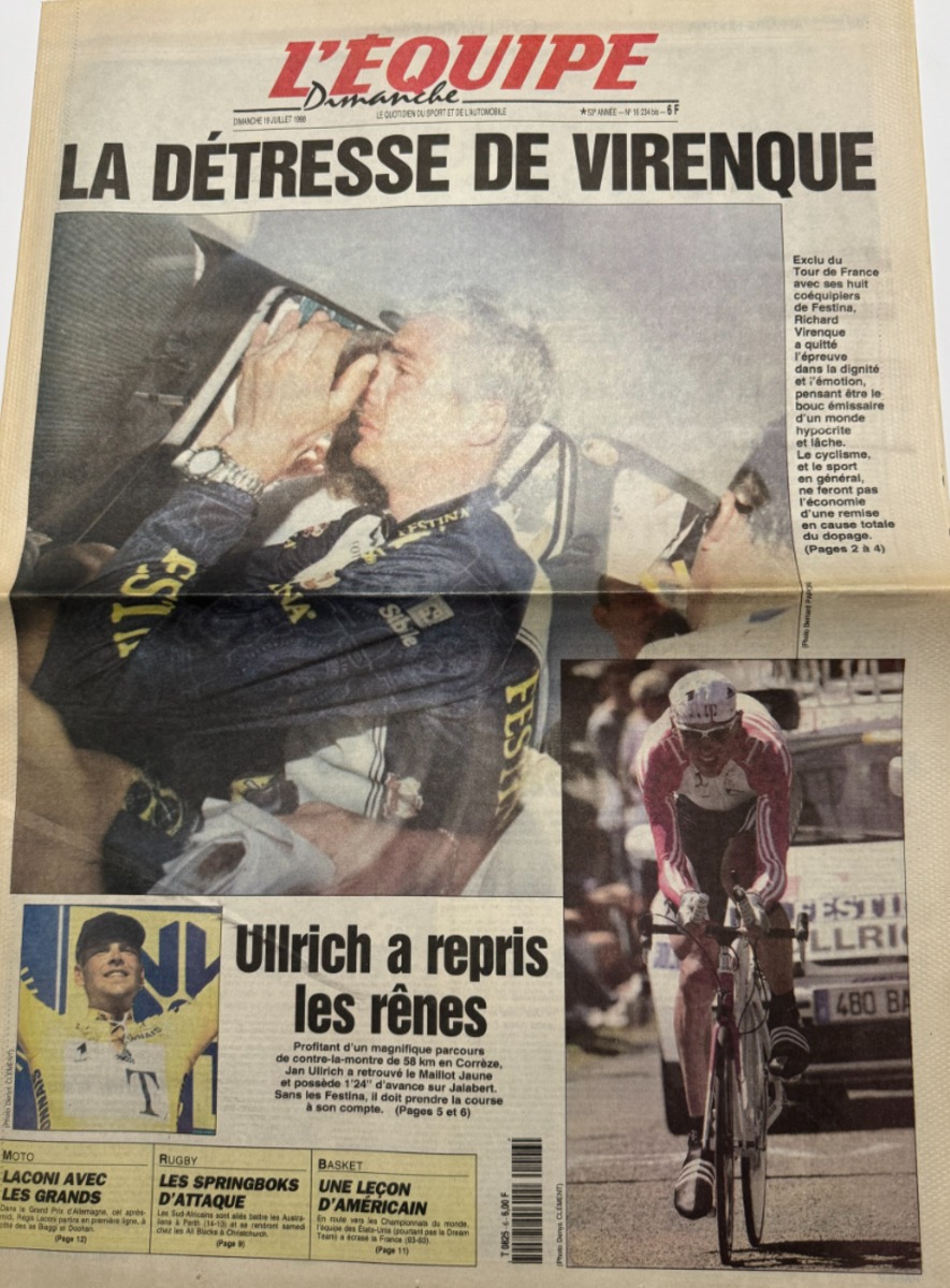 Journal l'équipe 19/07/1998 La détresse de Virenque - Dopage sur le Tour - Tour de France - Journal L'Équipe authentique - Revue Vintage