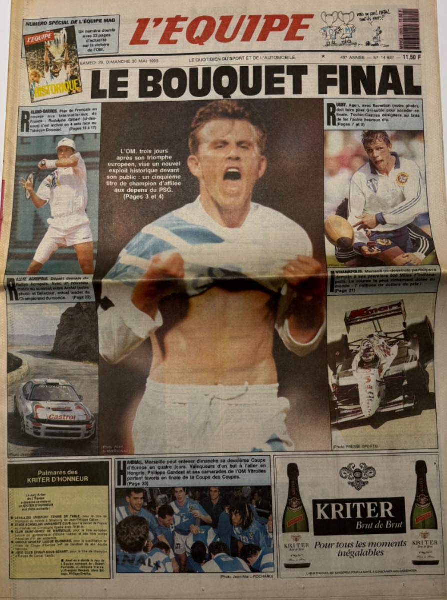 Journal l'équipe 29/05/1993 Le bouquet Final - Marseille champion de France - OM - Football - Journal L'Équipe authentique - Revue Vintage