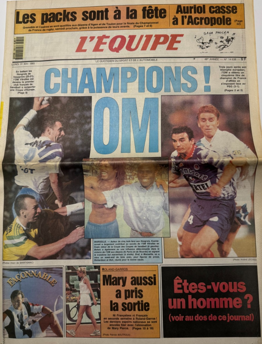 Journal l'équipe 31/05/1993 Champions !! OM - Marseille champion de France - Football - Journal L'Équipe authentique - Revue Vintage