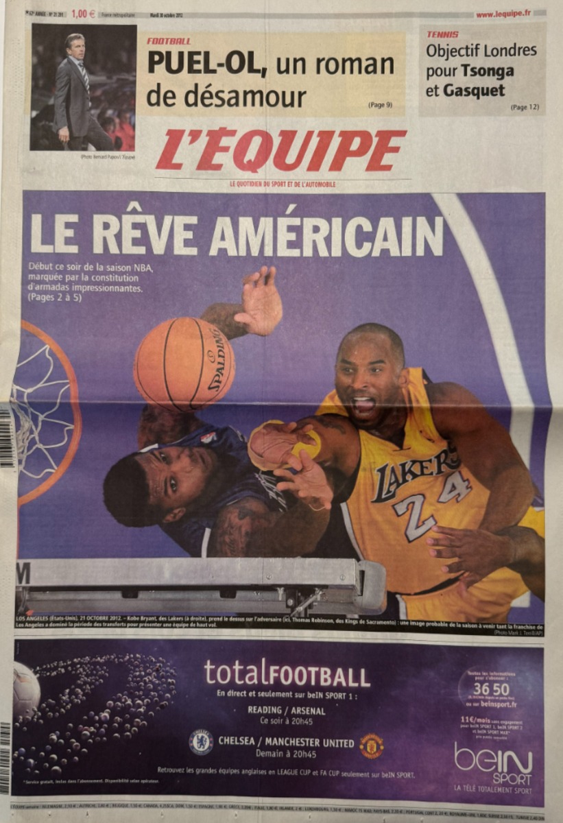 Journal l'équipe 30/10/2012 Le rêve Américain - saison NBA - Kobe Bryant - Basket - Journal L'Équipe authentique - Revue Vintage