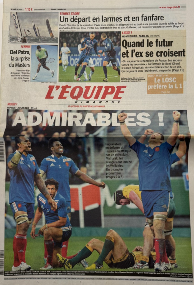 Journal l'équipe 11/11/2012 Admirables !! France / Australie - Rugby - Journal L'Équipe authentique - Revue Vintage
