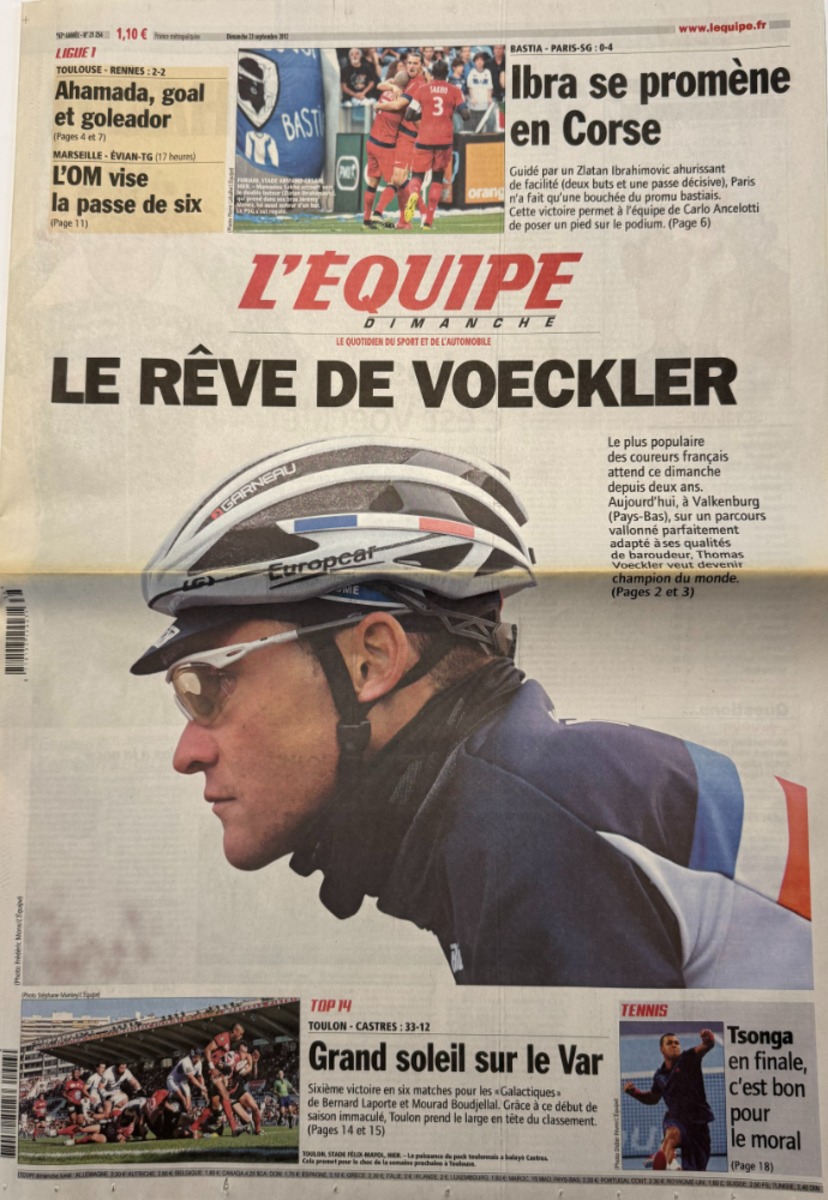Journal l'équipe 23/09/2012 Le rêve de Voeckler pour les championnats du Monde - cyclisme - Journal L'Équipe authentique - Revue Vintage