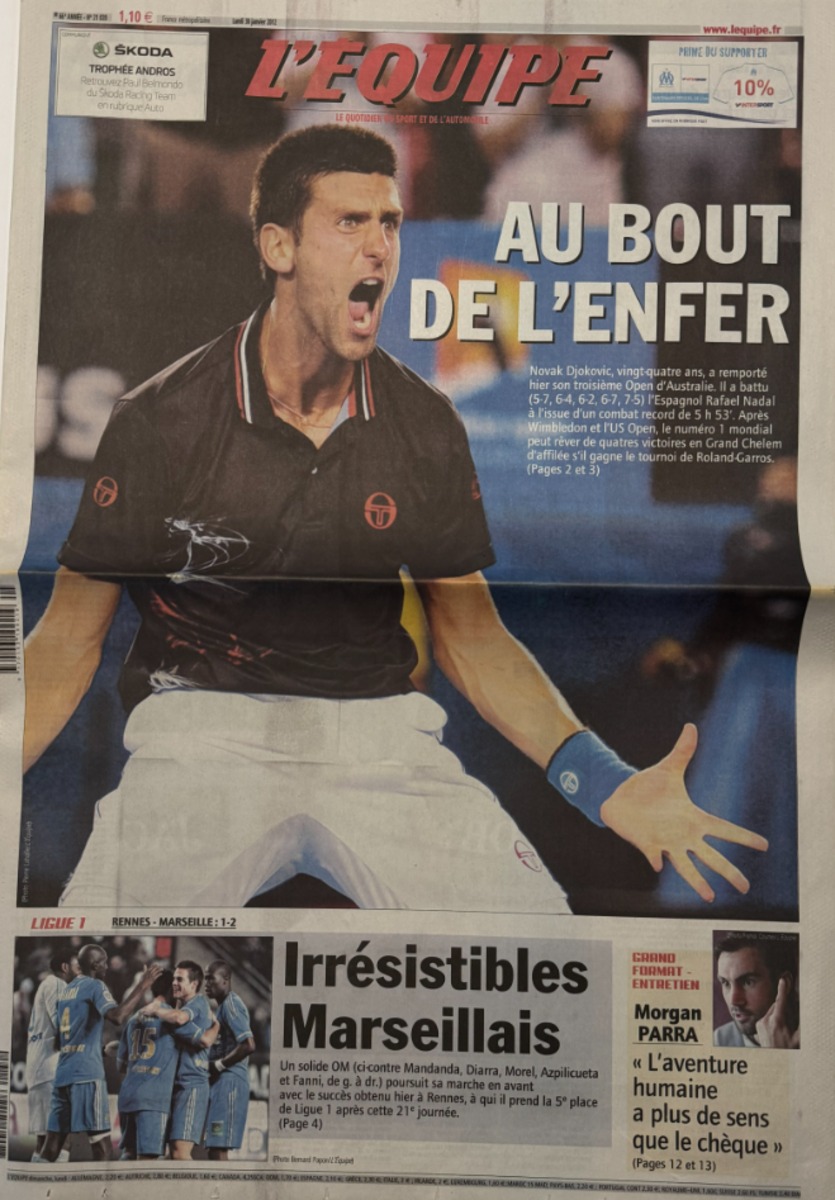 Journal l'équipe 30/01/2012 Au bout de l'enfer - Novak Djokovic remporte l'Open d'Australie - Tennis - Journal L'Équipe authentique - Revue Vintage
